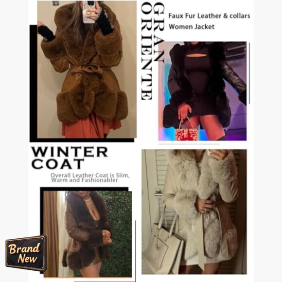 Faux Leather Coat with Faux Fur Collar, Belted Mid Length Winter Jacket - Picture 5 of 6